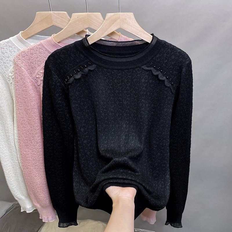 蕾丝圆领毛衣女套头2025春秋新款外穿针织衫内搭钉珠打底衫上衣潮
