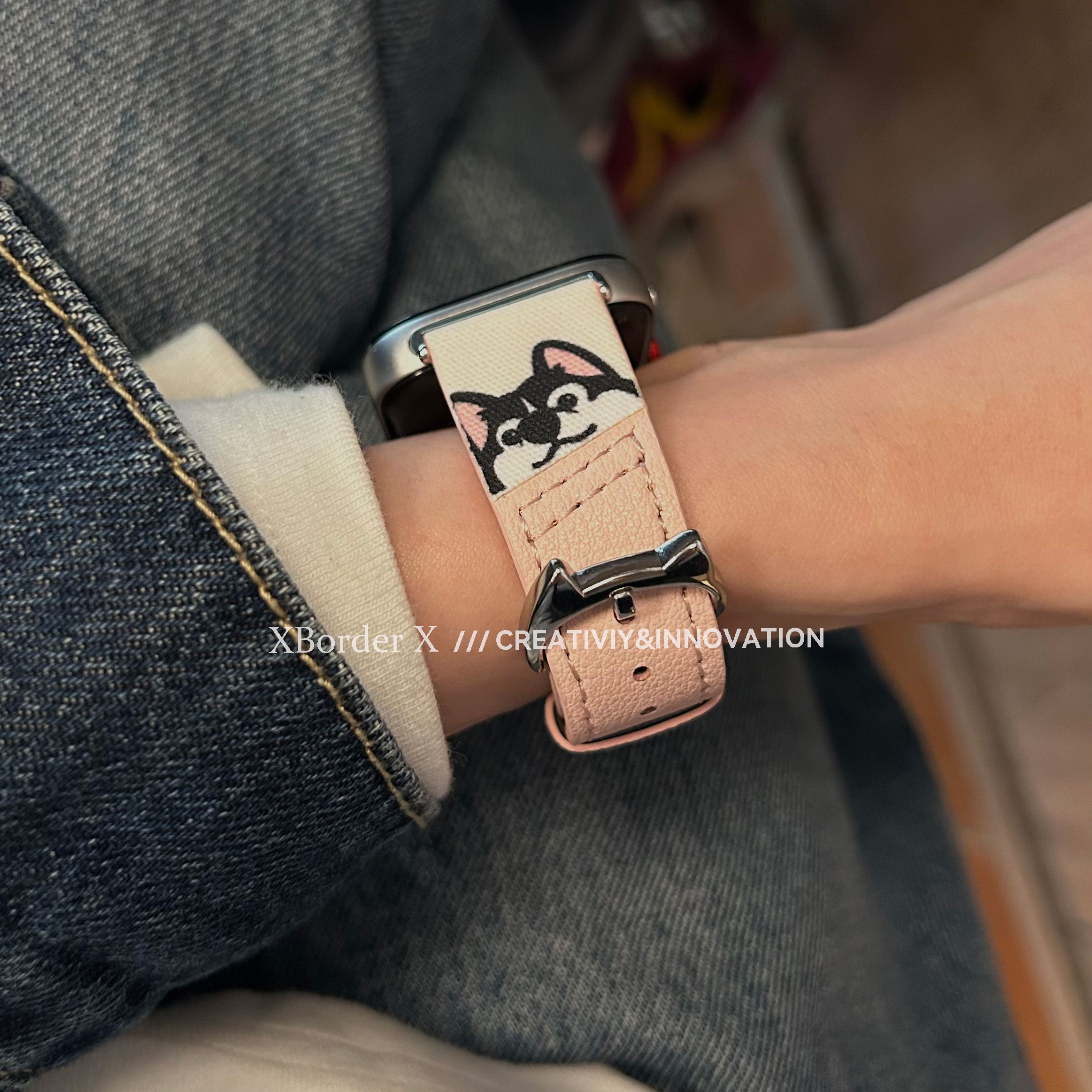 可爱小狗头像拼皮表带适用华为fit4手表表带华为watch三3腕带女士