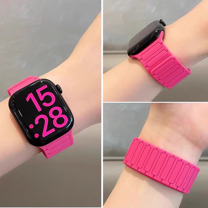 适用iwatch10手表表带新款牡丹色s9硅胶磁吸表带applewatch87时尚
