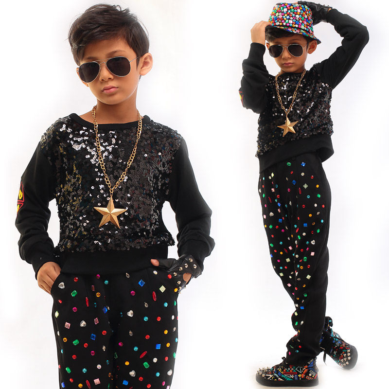 演出服男童架子鼓表演服装儿童街舞铆钉亮片亚克力长袖T恤套装