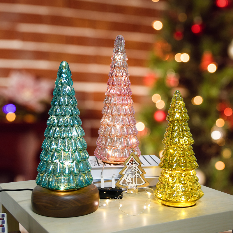 圣诞新年装饰新款桌面摆件小型玻璃发光圣诞树装饰灯柜台橱窗家用