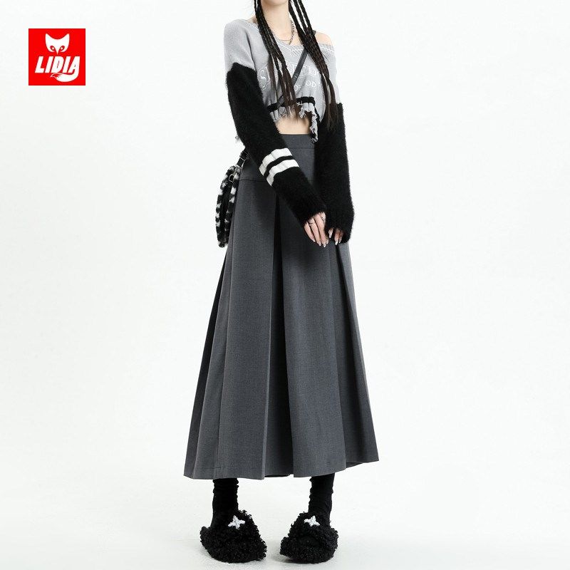 灰色百褶半身裙女春季高腰显瘦西装面料小个子学院风a字包臀裙子