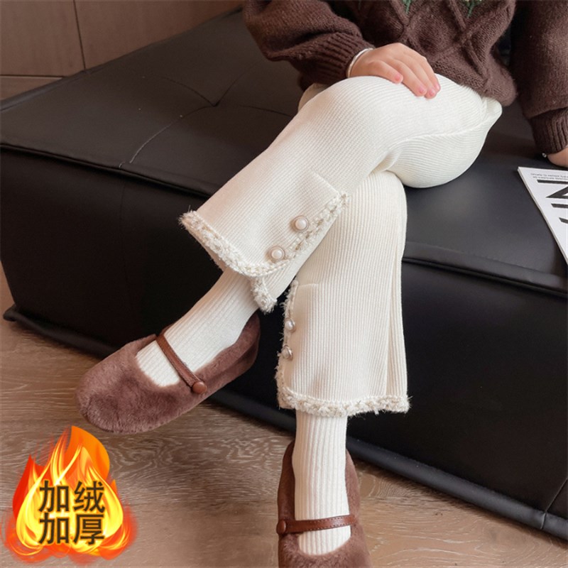 女童休闲裤子2023秋冬新款外穿加绒长裤中大童女孩冬装花边喇叭裤