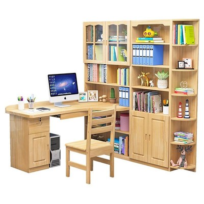 儿童电脑桌实木转角拐角书桌经济型带书架组合一体桌简约家用学生