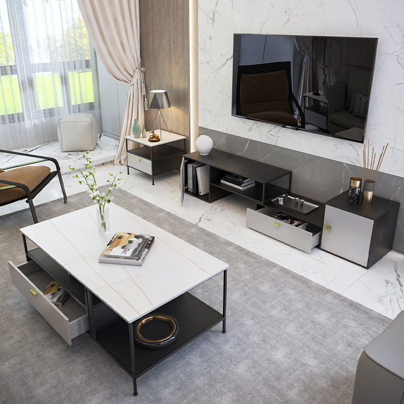 现代简约岩板电视柜茶几组合家用带抽屉茶几伸缩黑白大理石边几