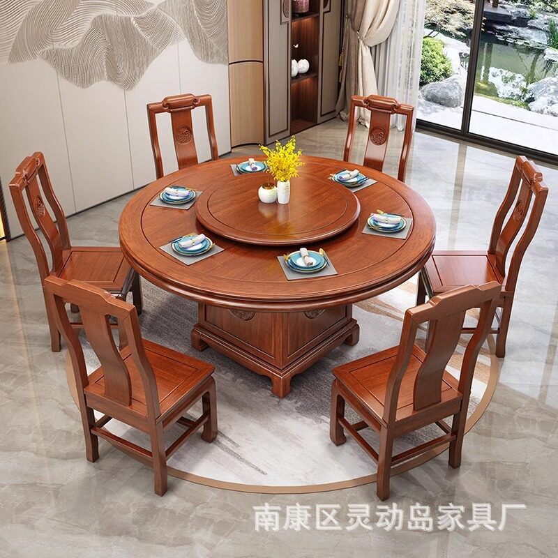 工厂直销直销新中式餐桌乌金木实木餐桌送转盘客厅酒店圆桌组合