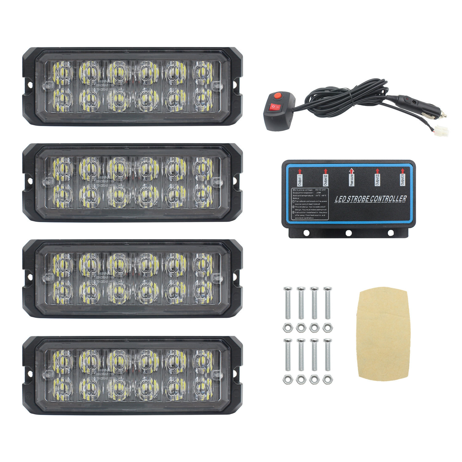 4×12 LED灯条带控制盒,一拖四中网格栅警示灯适用于12-24V汽车