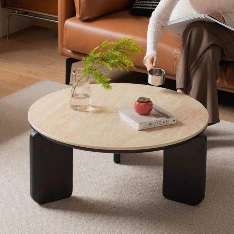实木现代洞石岩板简约茶几北欧客厅圆形小户型家用黑色轻奢泡茶桌