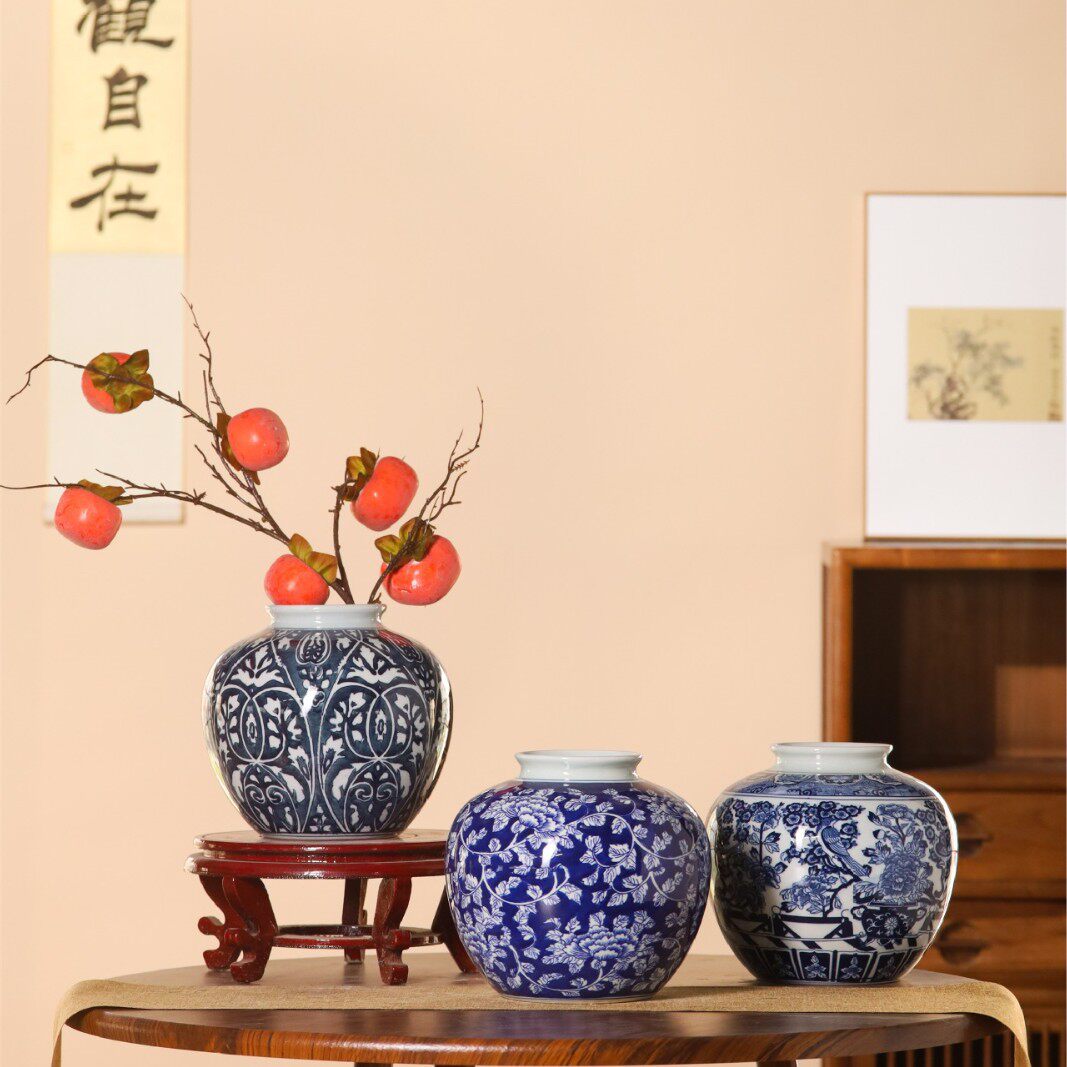 青花瓷陶瓷花瓶高级感复古将军罐简约创意酒坛客厅插花花瓶摆件