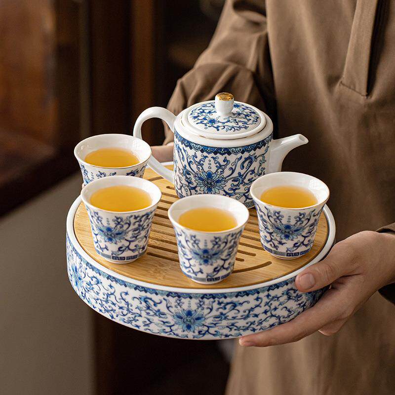 青花缠枝莲陶瓷功夫旅行茶具套装户外干泡茶台茶壶茶杯便携收纳包