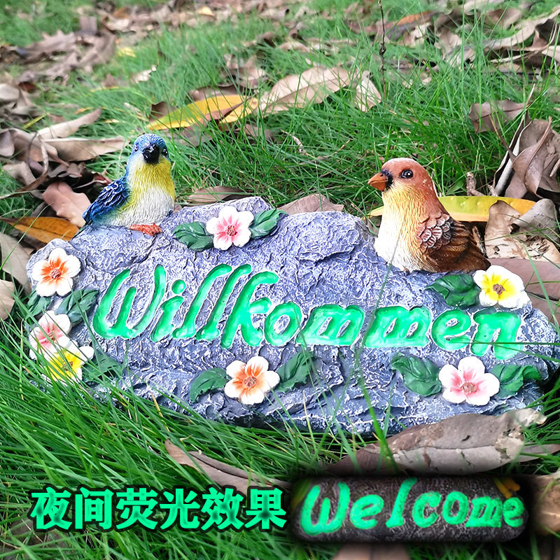 跨境花园树脂工艺品装饰欢迎彩色小鸟摆件园林摆饰发光字夜光麻雀
