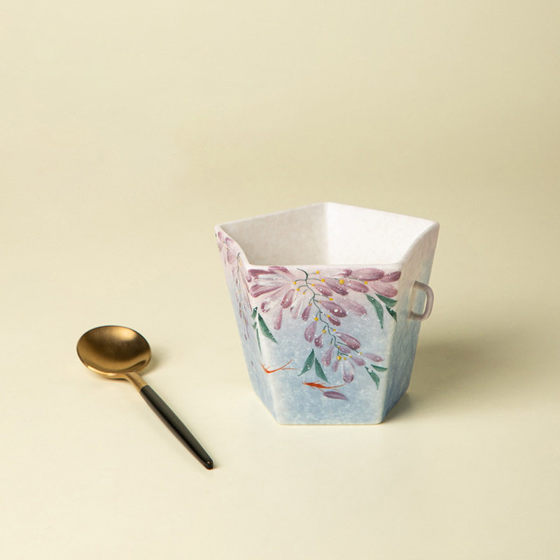 中式茶杯陶瓷紫藤星空蓝单耳五方杯带勺家用高档茶具主人杯咖啡杯