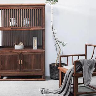 黑胡桃木茶柜新中式全实木书柜置物架茶室现代简约展示柜边柜靠墙