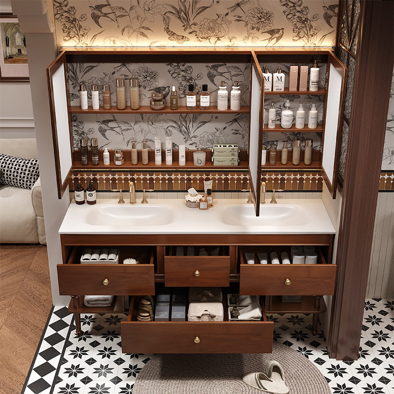 法式复古风浴室柜组合橡木美中式卫生间洗漱台落地岩板陶瓷一体盆