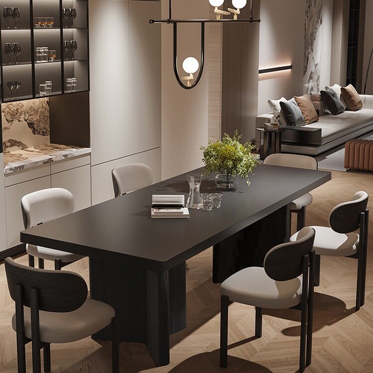 意式简约现代纯黑下挂岩板实木餐桌椅组合大户型设计师大板桌茶桌