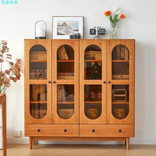 樱桃木书柜实木展示柜黑胡桃木玻璃门书柜矮款北欧简约白橡木书柜
