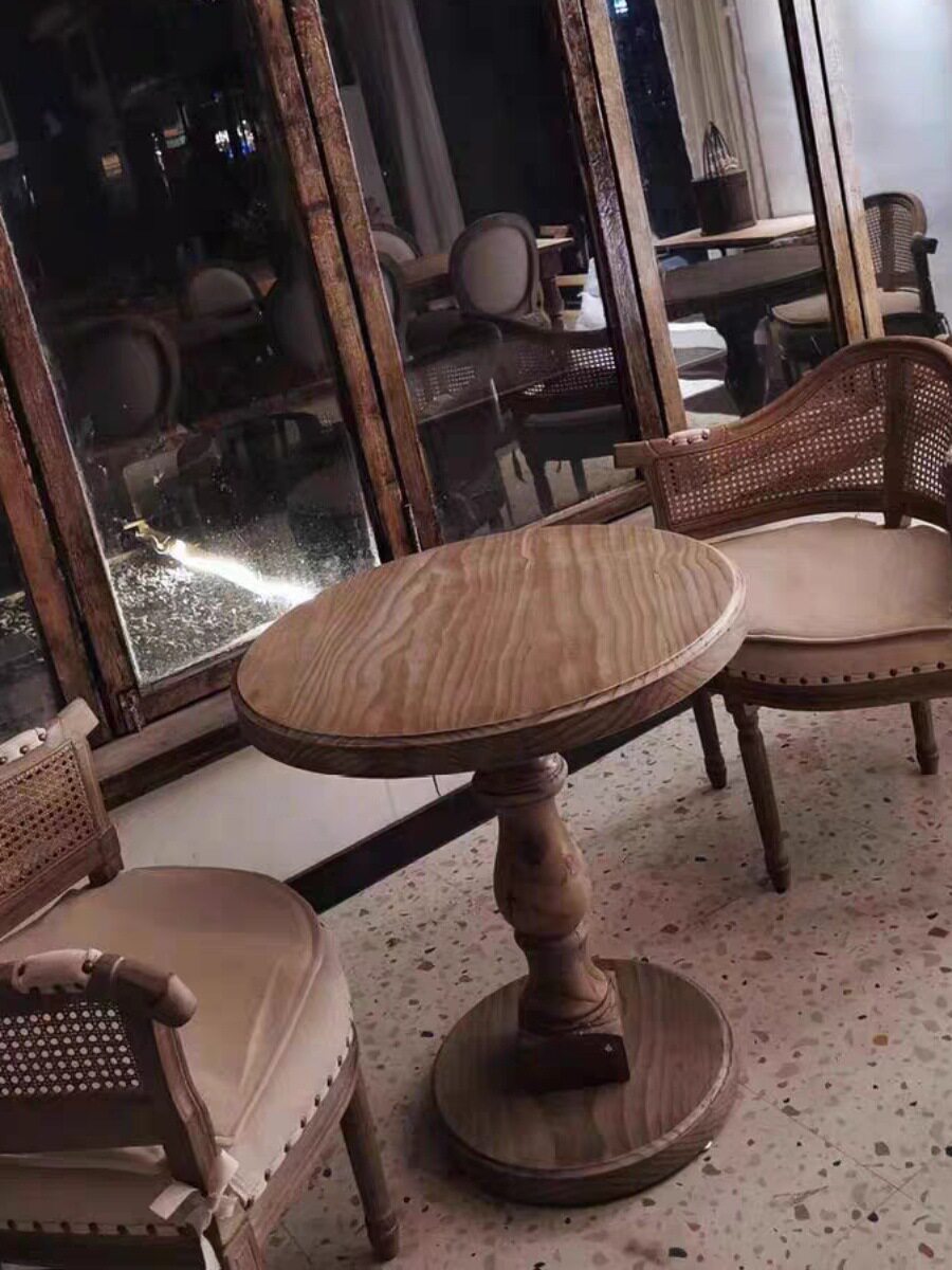 ft欧式实木洽谈小圆桌复古做旧小方桌子美式酒店咖啡厅休闲餐桌饭