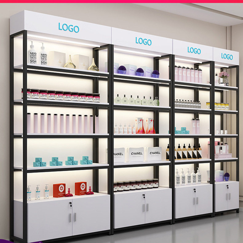 简约化妆品展示柜 产品陈列架带柜 组合置物架落地多层母婴店货柜