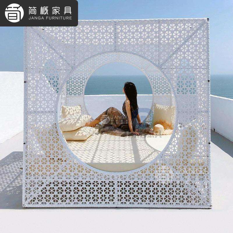 休闲别墅露台躺床户外庭院花园藤编方形沙发床网红鸟巢民宿沙发