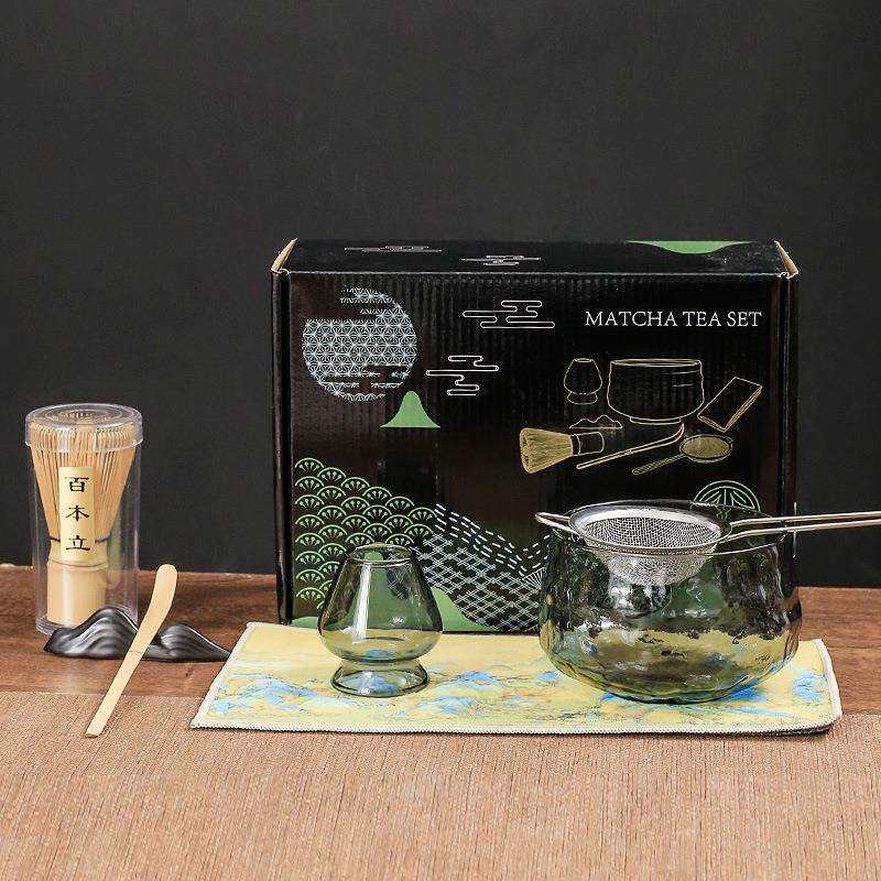 日式玻璃抹茶茶具套装搭配彩盒茶筅抹茶碗茶筅立百本立茶拨整套