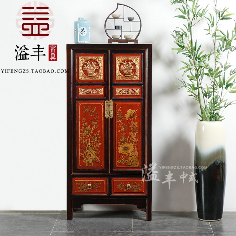 玄关门厅储物柜实木收纳家用新中式鞋柜描金雕花隔断装饰柜仿古明