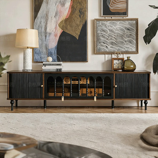 奈格思法式复古实木电视柜小户型客厅收纳储物柜一体黑色美式轻奢