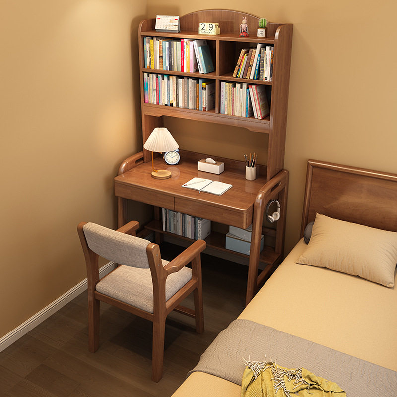 实木书桌书架一体桌简约现代家用学生电脑桌小户型卧室升降写