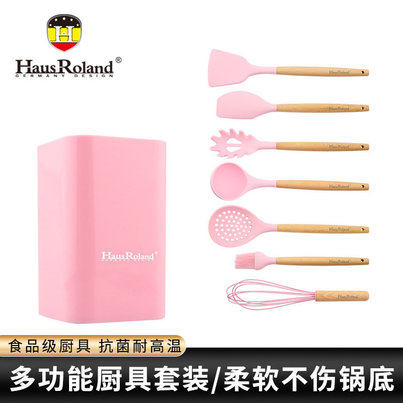 简约勺子套装家用汤勺厨具炒菜粉色锅铲厨房餐具木柄硅胶汤勺