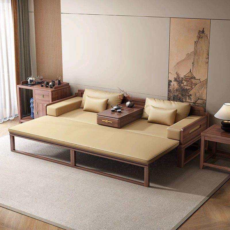 新中式北美黑胡桃木全实木罗汉床客厅推拉折叠两用储物抽箱沙发床