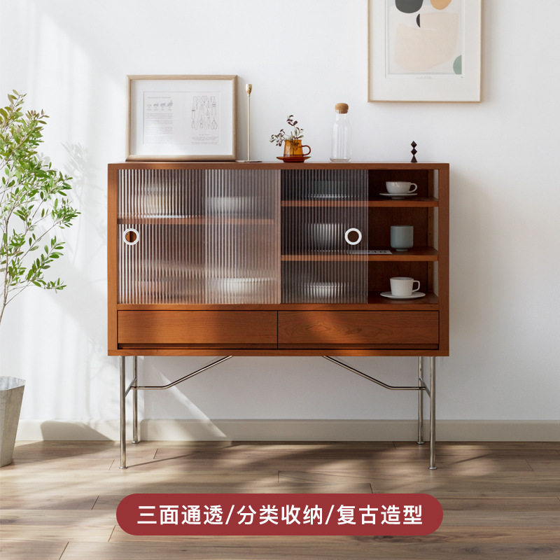 北欧实木金属餐边柜 小户型简约玻璃储物边柜 餐厅不锈钢多功能柜