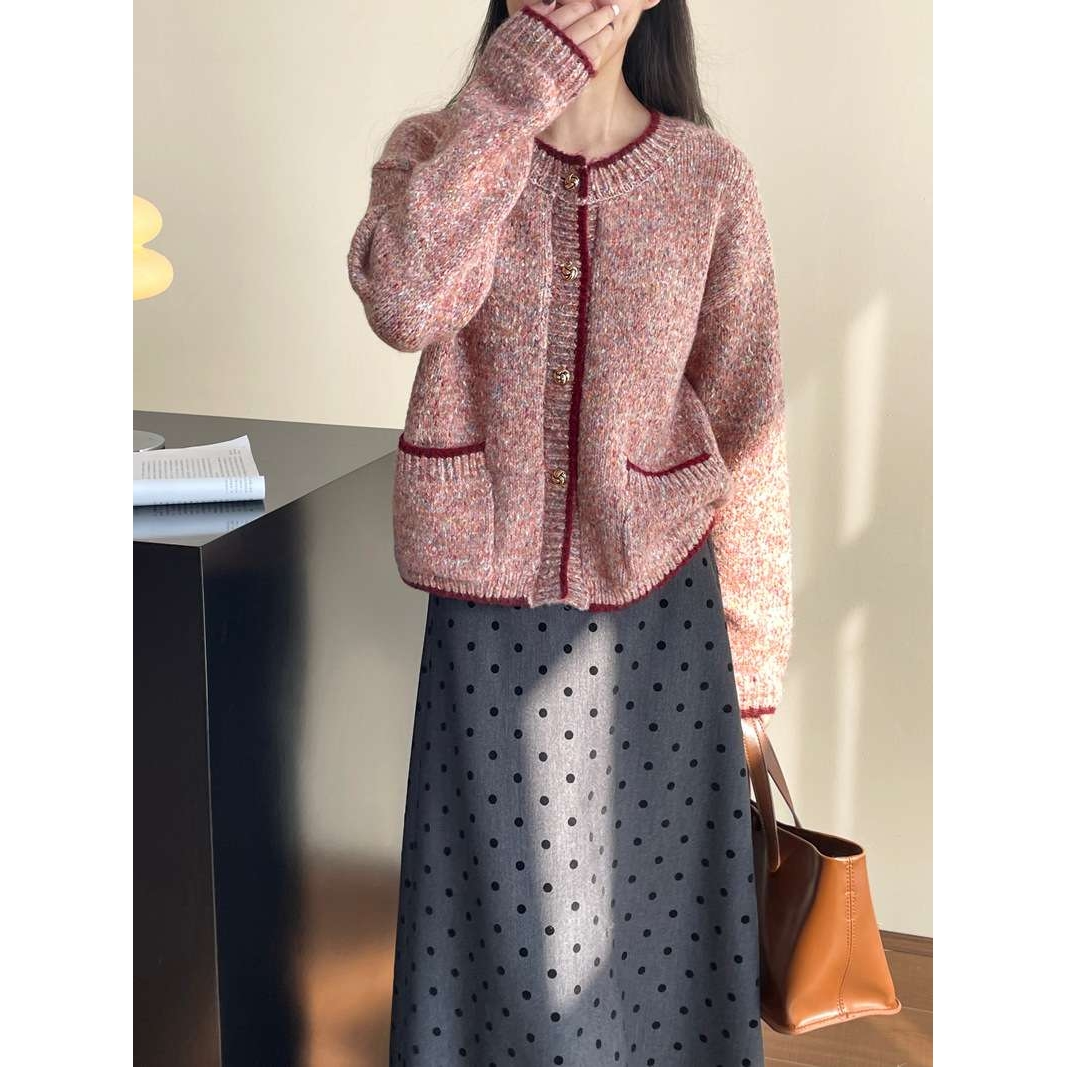 韩系温柔小香风彩色杂点毛衣开衫法式单排扣针织衫外套A802