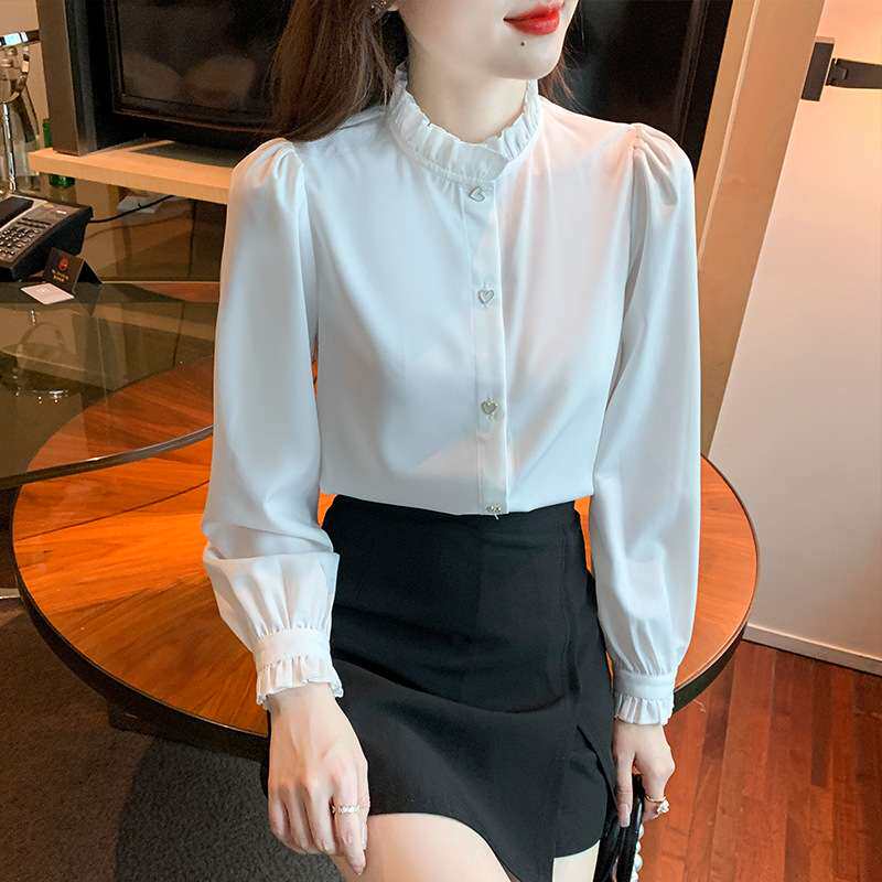 现货2025春爱心扣子法式优雅白色衬衫女衬衣木耳边打底雪纺衫上衣