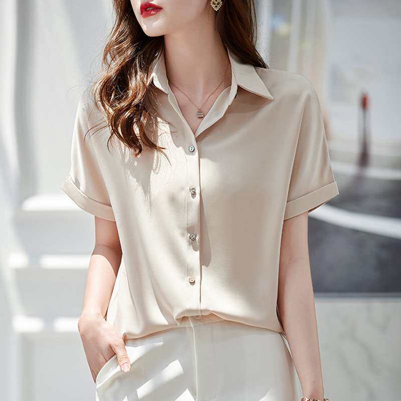 白色缎面短袖衬衫女夏正装polo职业高端气质绸缎上衣通勤面试衬衣