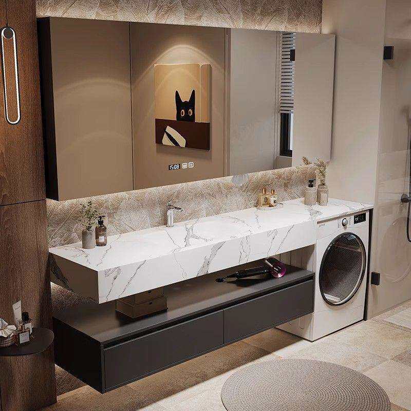 帕思瑞中古风岩板陶瓷无缝一体盆洗衣机浴室柜组合岩板热弯一体盆