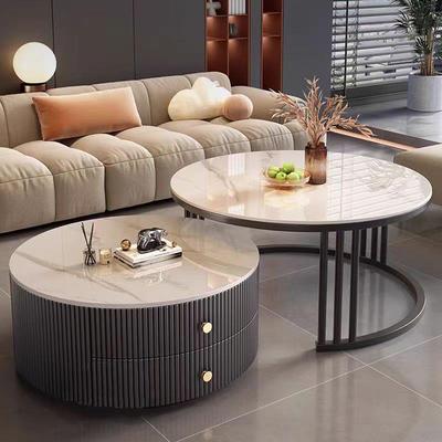 岩板茶几现代简约实木圆形小户型茶几客厅轻奢家用极简折叠大理石