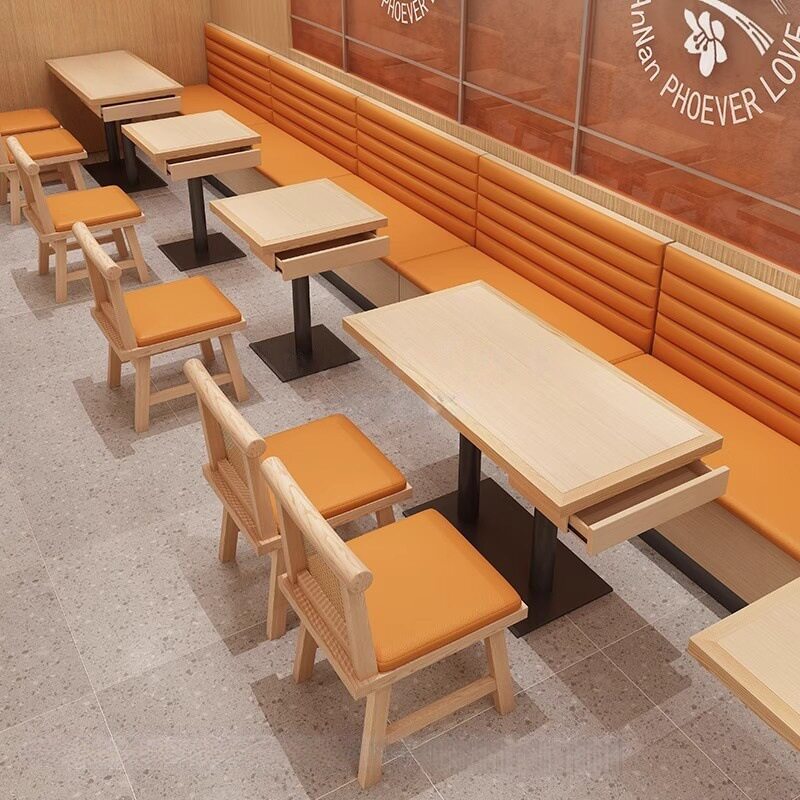 主题餐厅茶餐厅靠墙卡座沙发中式面馆餐饮饭店实木桌椅组合商用