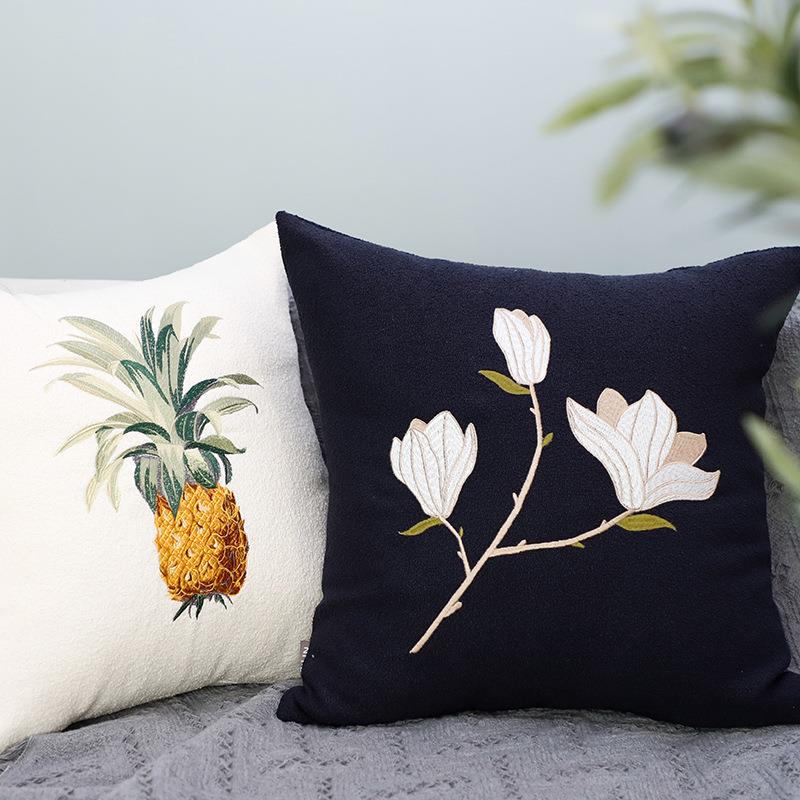 刺绣沙发抱枕玉兰菠萝棉麻靠枕北欧中式现代抱枕套客厅靠垫枕套