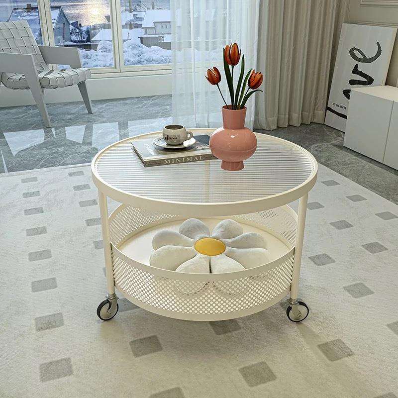 法式奶油风可移动茶几家用迷你玻璃圆桌小户型客厅沙发边几带轮子