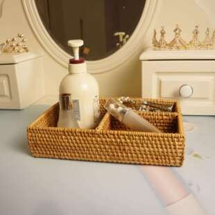 越南藤编三格收纳篮分隔分格化装品整理篮茶几桌面摇控器收纳框