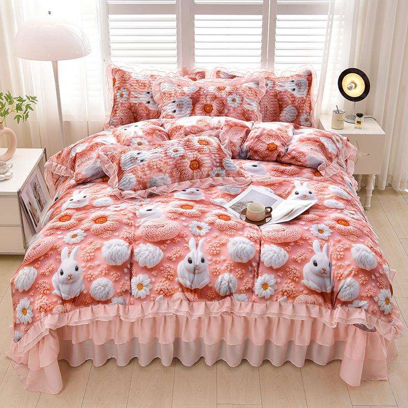 5D印花蕾丝花边云朵棉床盖四件套夏季秋冬床盖被套夏被四件套