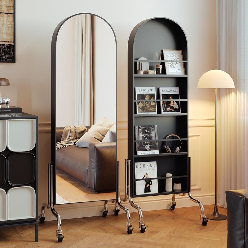 可移动全身镜收纳杂志架中古风落地镜子储物置物架旋转家用穿衣镜