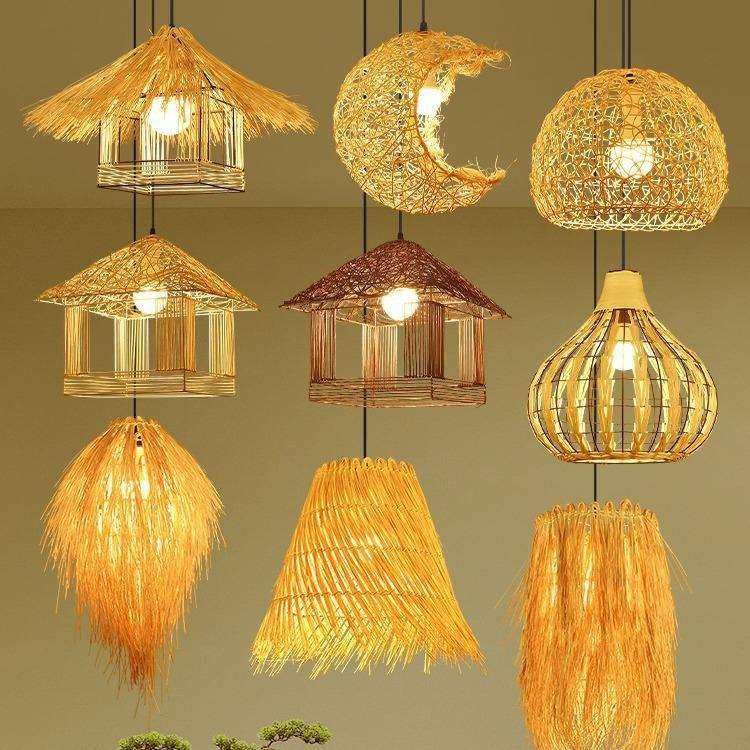 藤编吊灯餐厅复古民宿藤艺鸟巢灯日式饭店餐馆草帽灯罩竹艺竹编灯