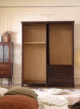 古风OYF实木纳衣柜黑胡木主卧大衣橱卧室家中用收挂衣柜对桃开门