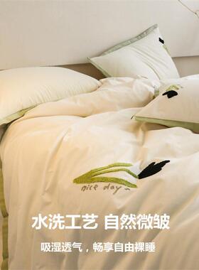 A类套80支水洗棉简四件全棉100纯棉约床单用被套三件套床笠202208
