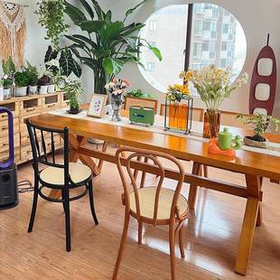 日式 原木实桌餐桌约小户型奶油风餐椅组简合商用餐厅长条木X腿餐