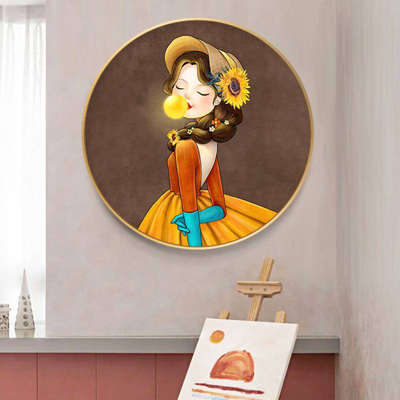 轻奢儿童房装饰画圆形公主女孩卡通房间卧室温馨可爱装饰挂画图片