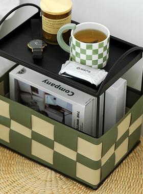 UHM2318档拼色二层轻置物架手工编织收纳筐P棋盘格桌面收纳架高奢