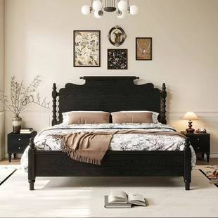 双中古风木床现代1.8SKK主卧人床1.小户型5美复简约古风式 婚床法