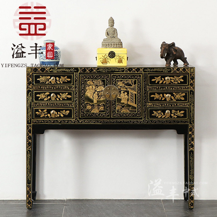 现代新中式仿古典实木描金条案台手绘平头条几玄关储物台靠墙背几