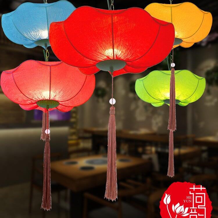 中秋节新中式荷花灯红灯笼吊灯中国风火锅店饭店餐厅婚庆布艺花灯
